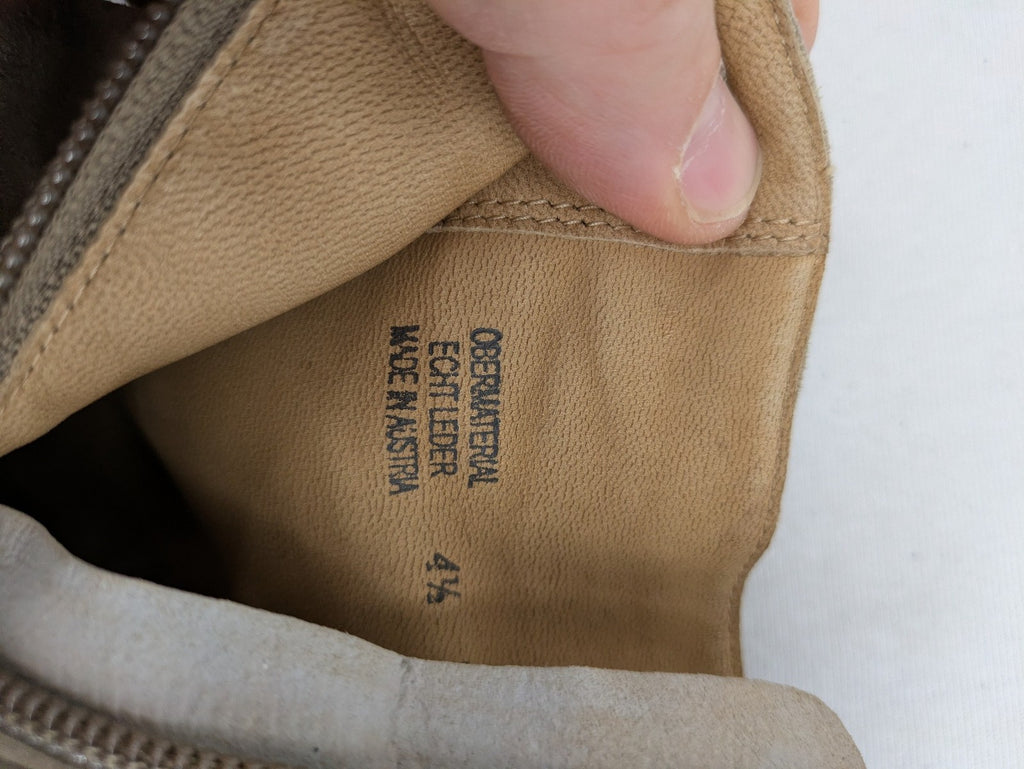 Paul Green taupe suede ankle boots with gathered front, peep toe, and block heel.