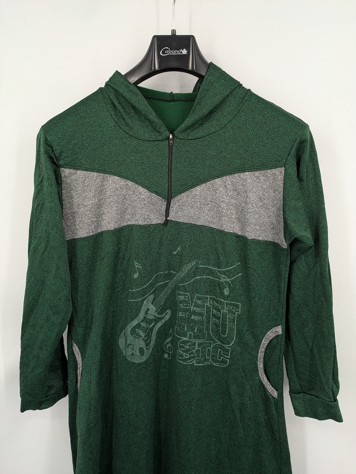 perfekt green hoodie dress quarter-zip guitar graphic colorblock design