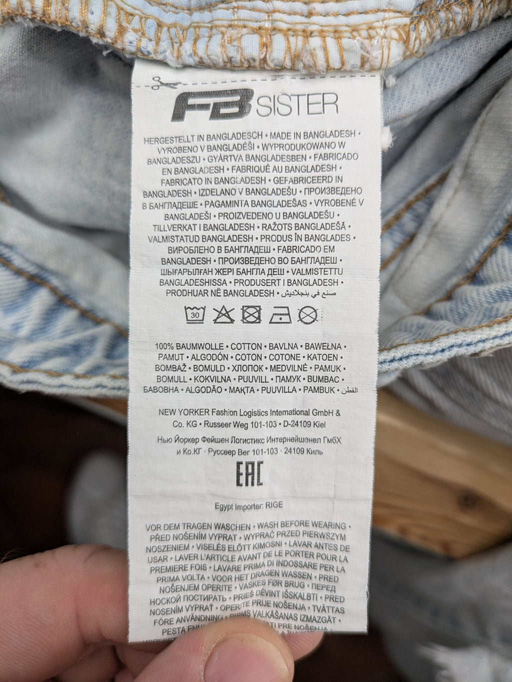 FB Sister blue mom jeans high waist distressed denim with knee rips and classic fit.