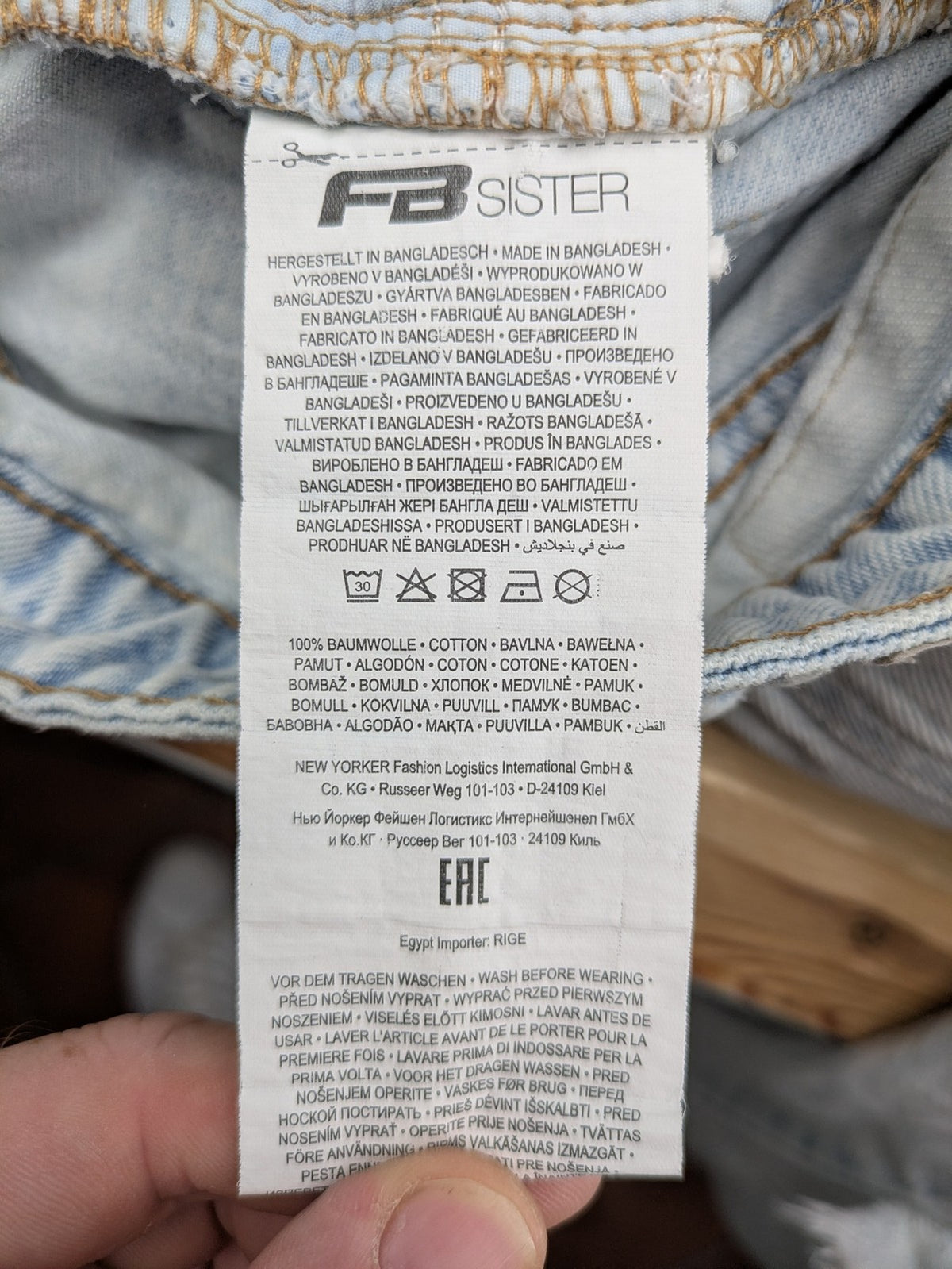 FB Sister blue mom jeans high waist distressed denim with knee rips and classic fit.