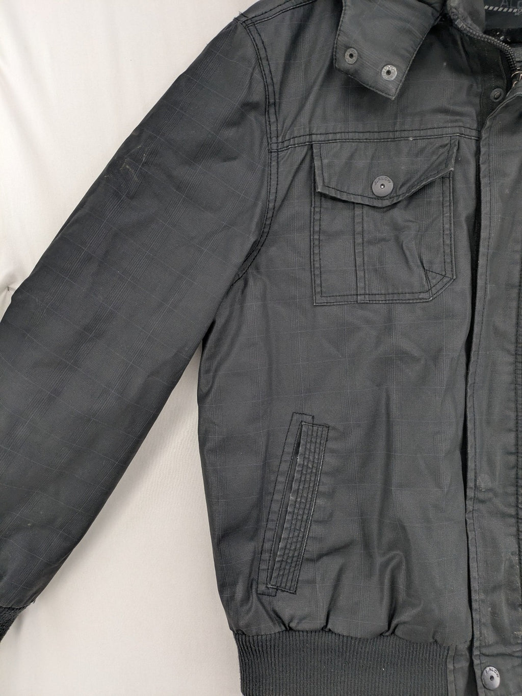 Angelo Litrico grey pilot jacket with removable hood, zip closure, and multiple pockets.