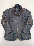 Barbour navy wax jacket with quilted lining and leather elbow patches, tartan interior.