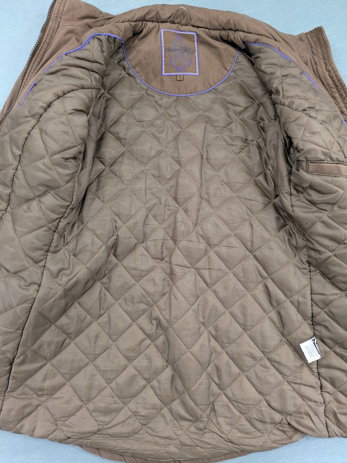 Cecilia Classics brown jacket quilted cotton with adjustable waist and zipper-button closure.