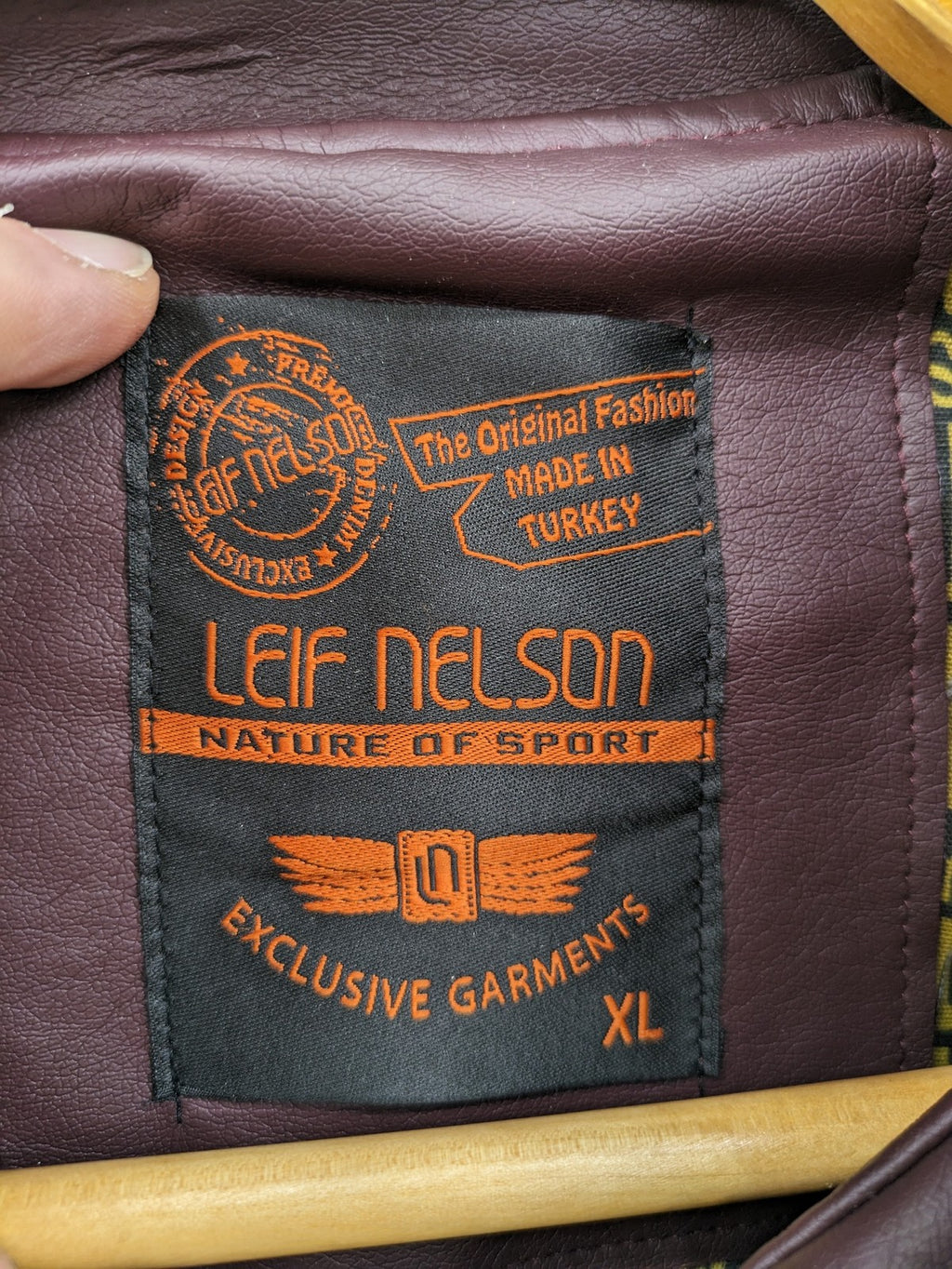 Leif Nelson burgundy biker jacket faux leather with quilted shoulder and sleeve details.