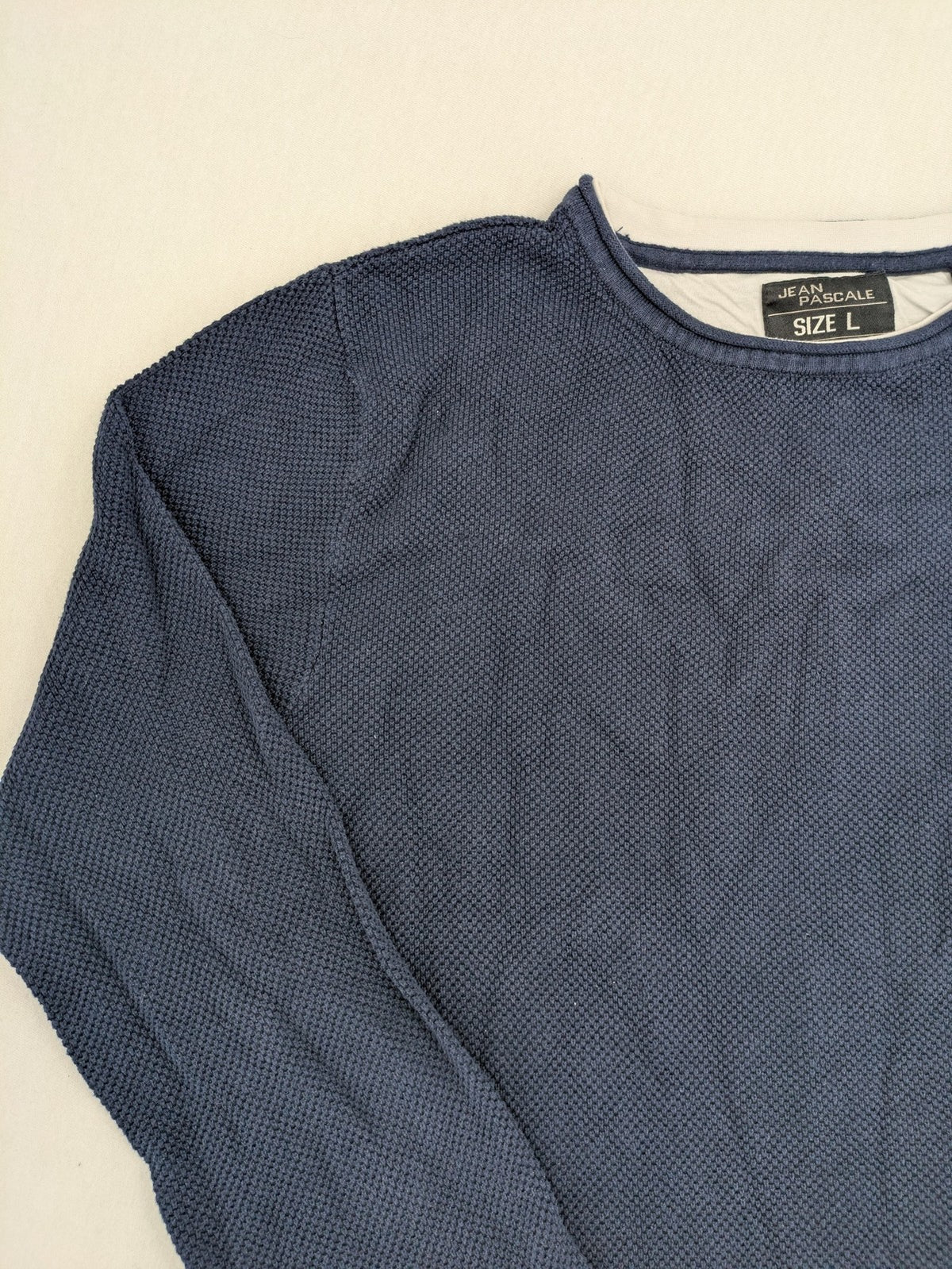 Jean Pascale navy turtle neck jumper with textured knit and round neckline.