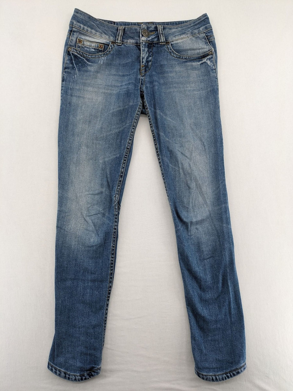 ONLY straight jeans orange pink distressed denim with unique gathered biker-style details