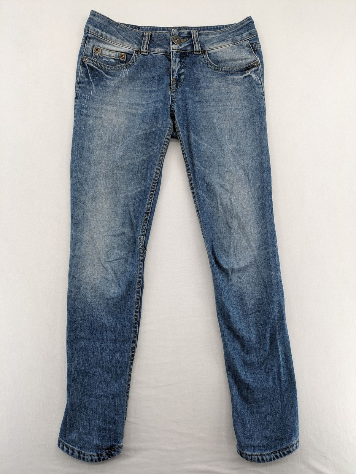 ONLY straight jeans orange pink distressed denim with unique gathered biker-style details