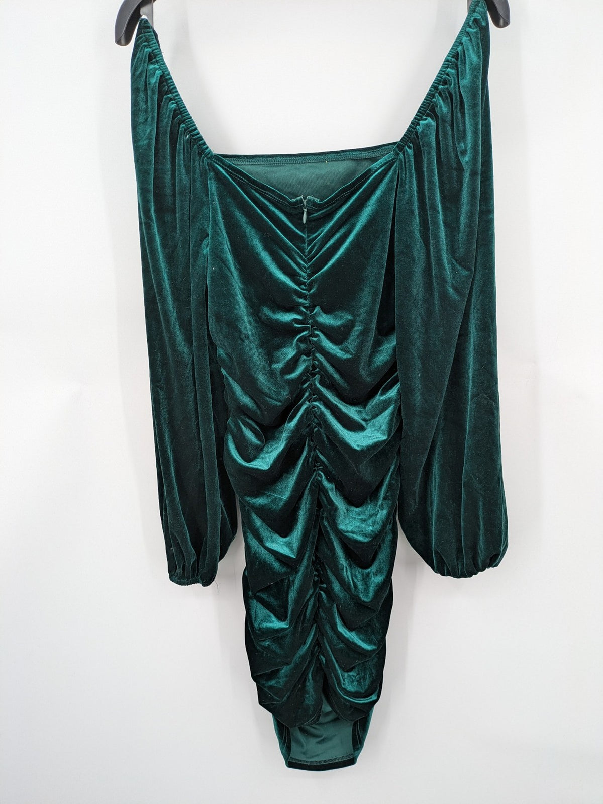 SHEIN green bodycon dress with ruched details, square neckline, and long puff sleeves.