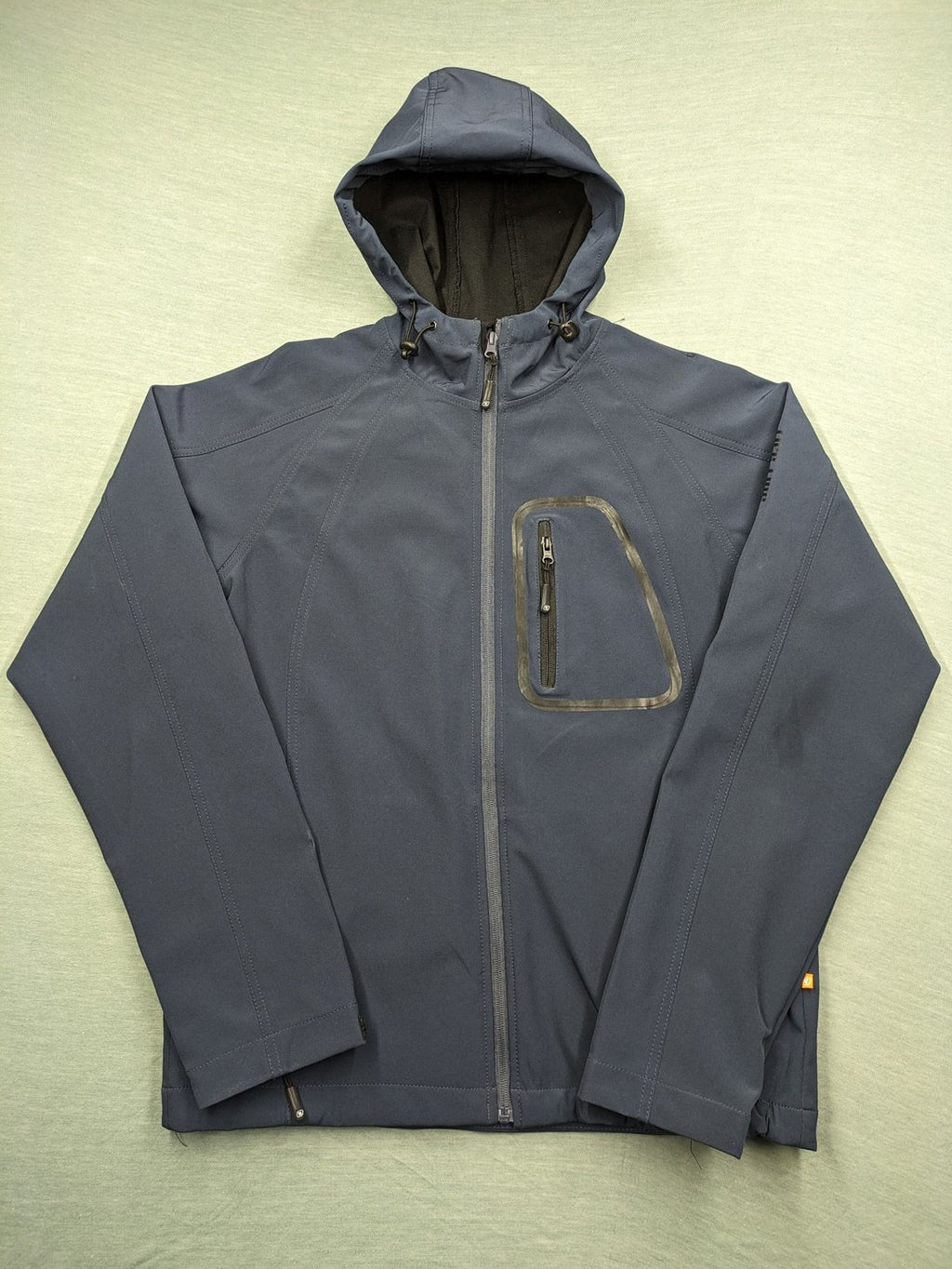 Life Line grey softshell jacket with adjustable hood and durable wind-resistant material.