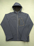 Life Line grey softshell jacket with adjustable hood and durable wind-resistant material.