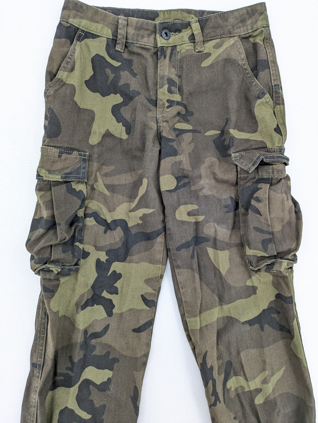 Rainbow camouflage cargo pants in green-brown with jogger silhouette and multiple pockets.