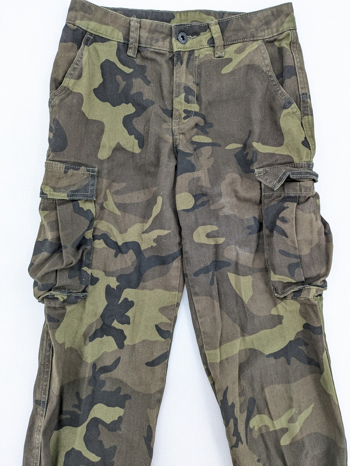 Rainbow camouflage cargo pants in green-brown with jogger silhouette and multiple pockets.
