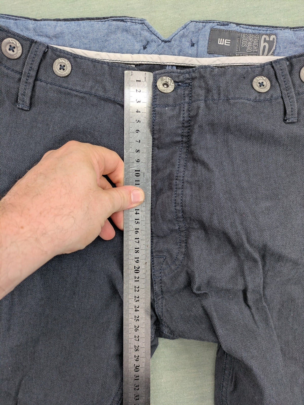 WE grey straight leg chinos 100% cotton button fly with unique brand buttons