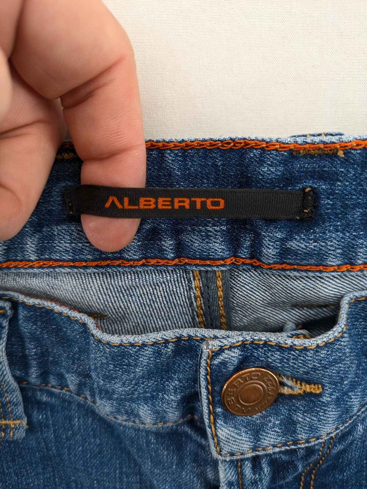 ALBERTO blue straight jeans with orange stitching, vintage denim, regular slim fit.
