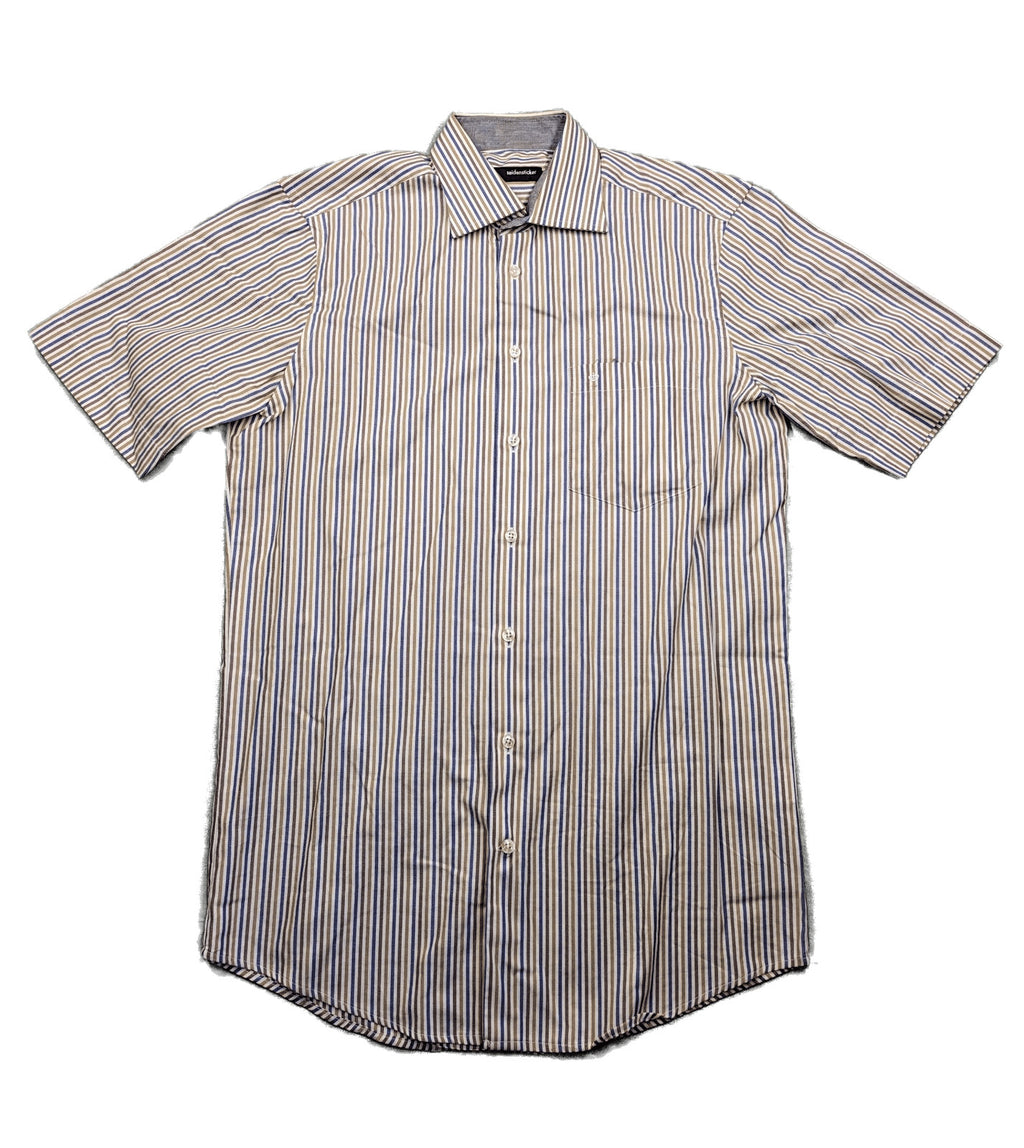 Seidensticker beige button-up shirt vertical striped pattern blue and brown, cotton material.