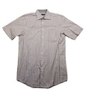 Seidensticker beige button-up shirt vertical striped pattern blue and brown, cotton material.