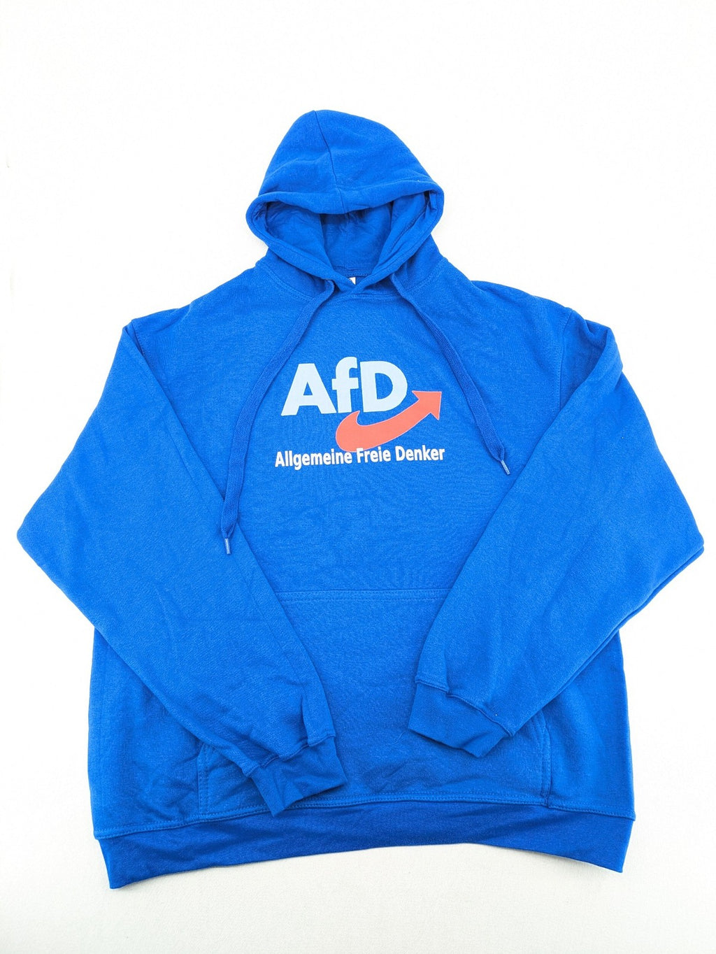 AFD blue pullover hoodie "Allgemeine Freie Denker" graphic, soft cotton-polyester blend.
