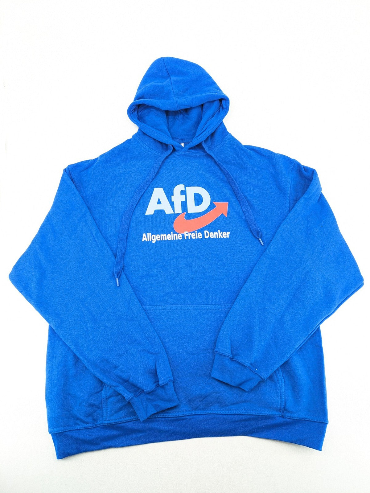 AFD blue pullover hoodie "Allgemeine Freie Denker" graphic, soft cotton-polyester blend.