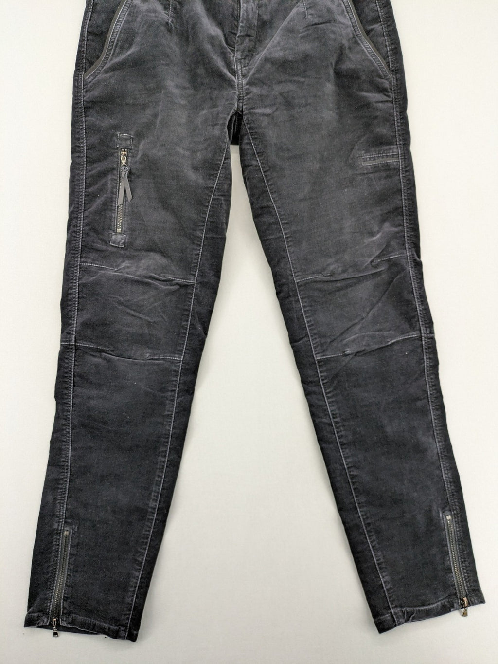 Mac Jeans grey cargo pants soft corduroy biker style with zipper details.