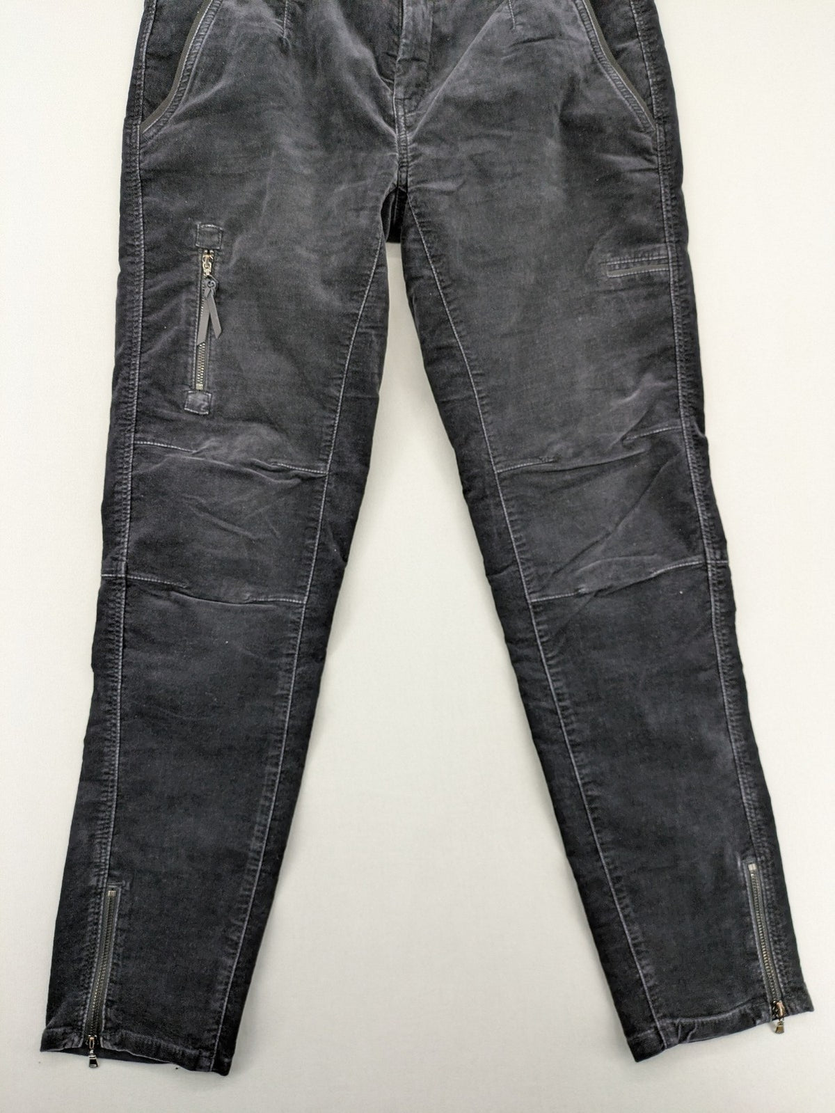 Mac Jeans grey cargo pants soft corduroy biker style with zipper details.