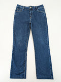 Miss Good blue straight jeans with 5-pocket design and decorative metal accent.