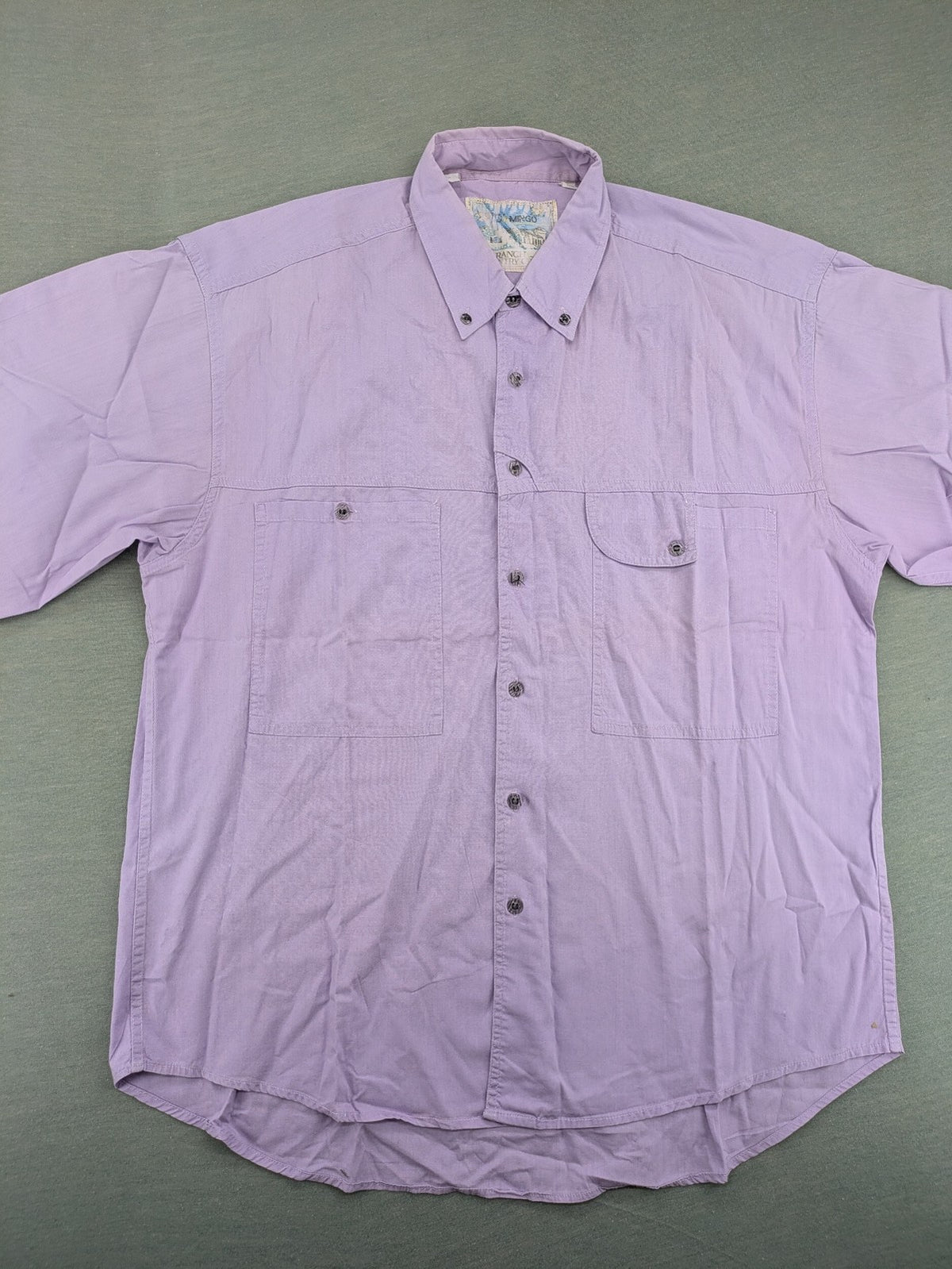 Mingo purple short-sleeve button-down shirt with classic collar and chest pockets.