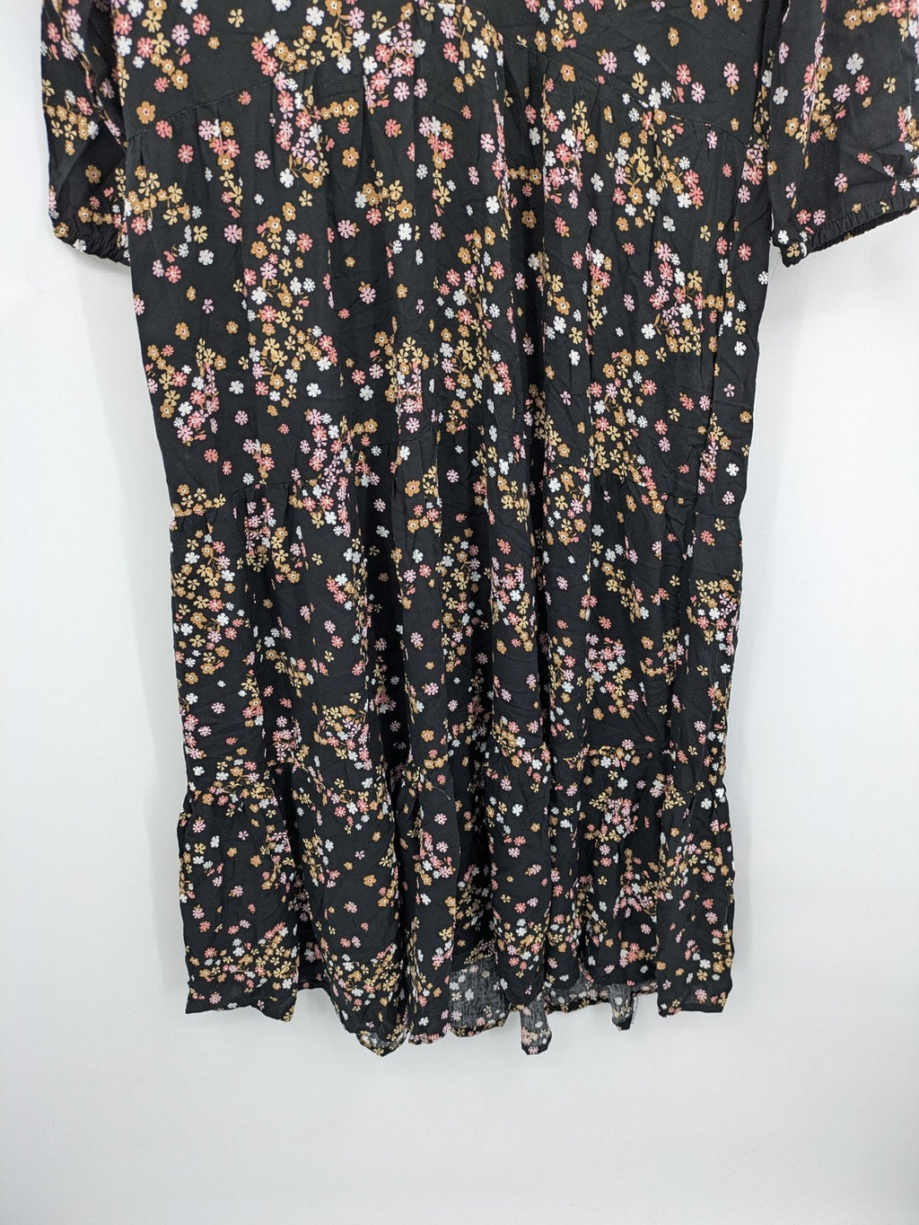 Janina women's A-line dress multi floral print on black, V-neck, 3/4 sleeves, lightweight viscose.