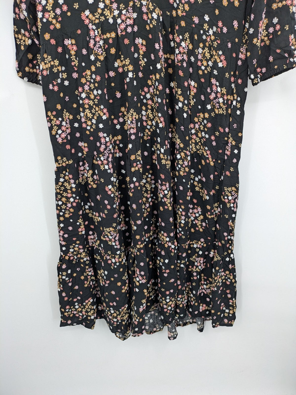 Janina women's A-line dress multi floral print on black, V-neck, 3/4 sleeves, lightweight viscose.