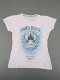 Hard Rock Cafe blue and white T-shirt with crown graphic and rhinestone accents.