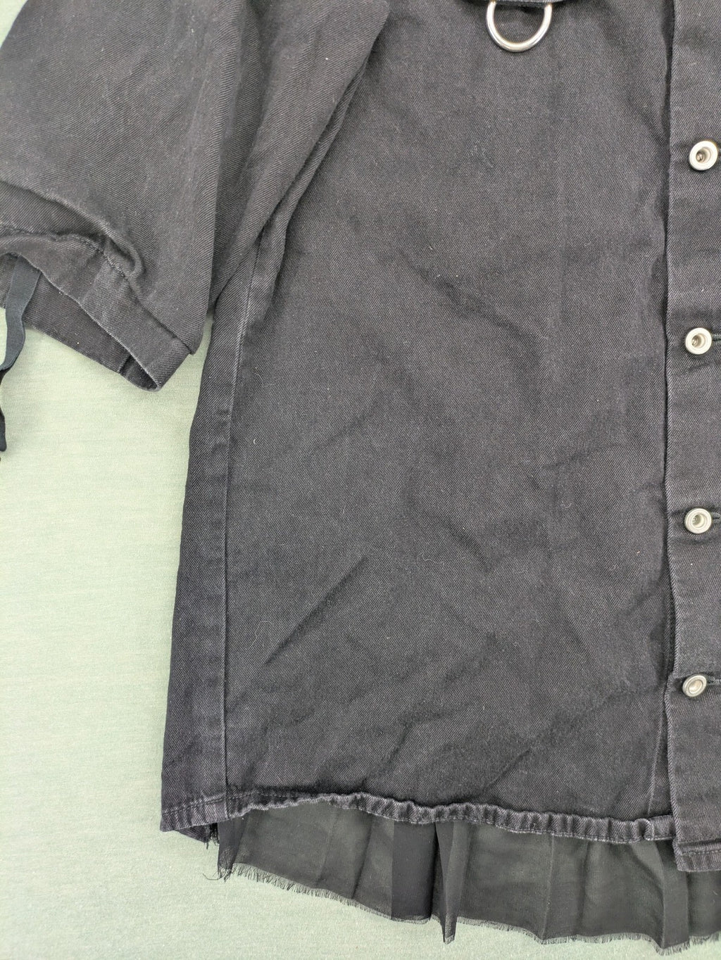 Diesel grey tunic top with denim front, pleated chiffon back, and D-ring detail.