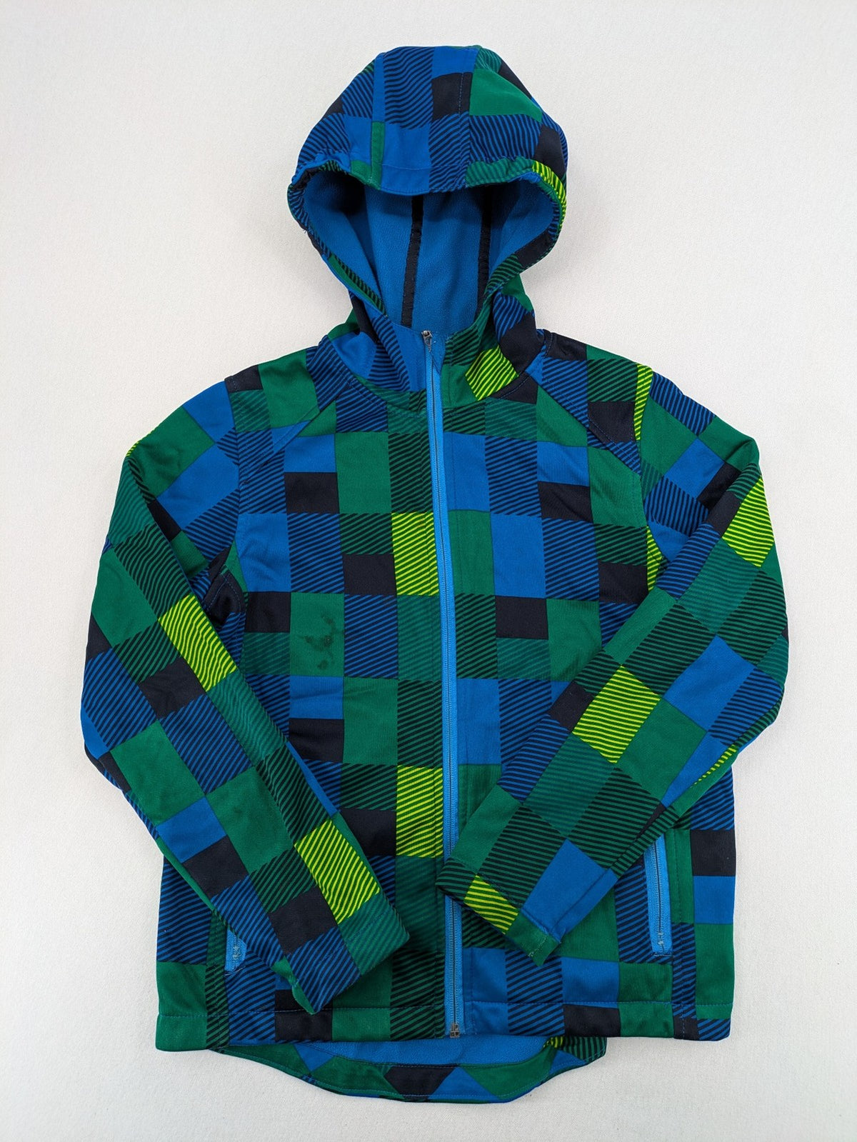 Pepperts multi softshell jacket plaid pattern blue green black, fleece lined, hooded.