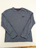 Superdry grey long sleeve shirt melange with embroidered logo and red collar accent.
