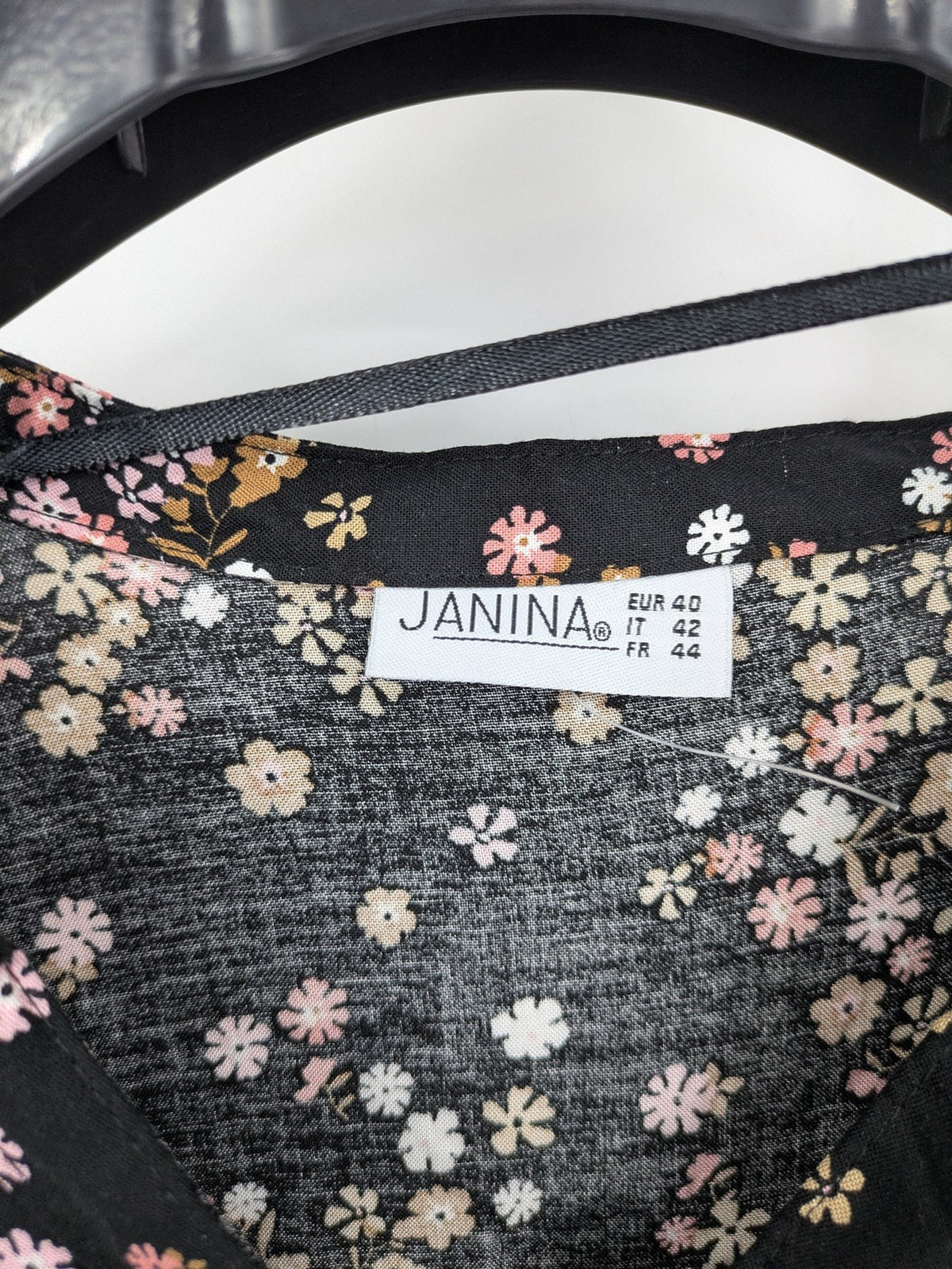 Janina women's A-line dress multi floral print on black, V-neck, 3/4 sleeves, lightweight viscose.