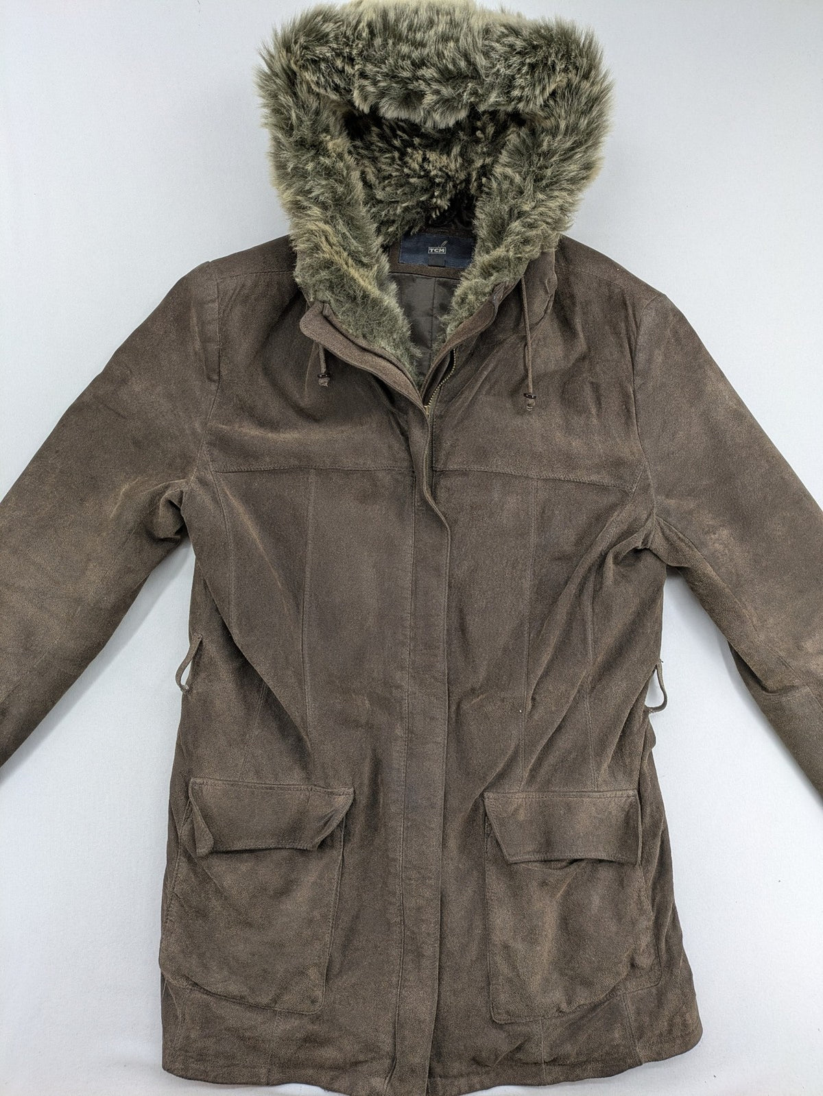 tcm brown suede parka coat with faux fur hood and fully lined interior