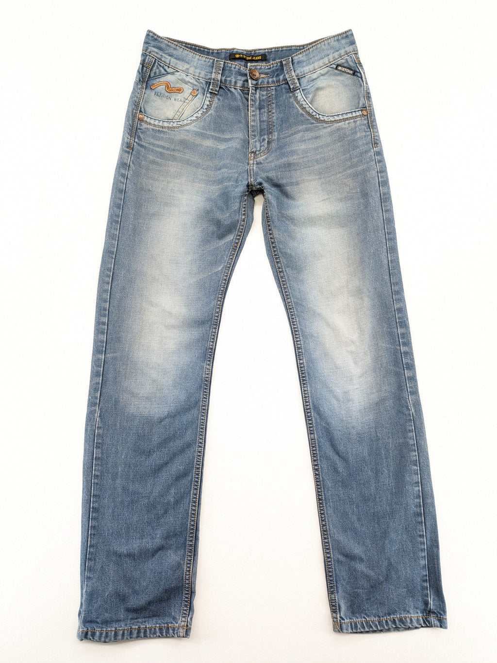 R-Stone Jeans blue straight leg denim with washed effect and "Fashion Wear" embroidery.