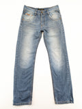 R-Stone Jeans blue straight leg denim with washed effect and "Fashion Wear" embroidery.