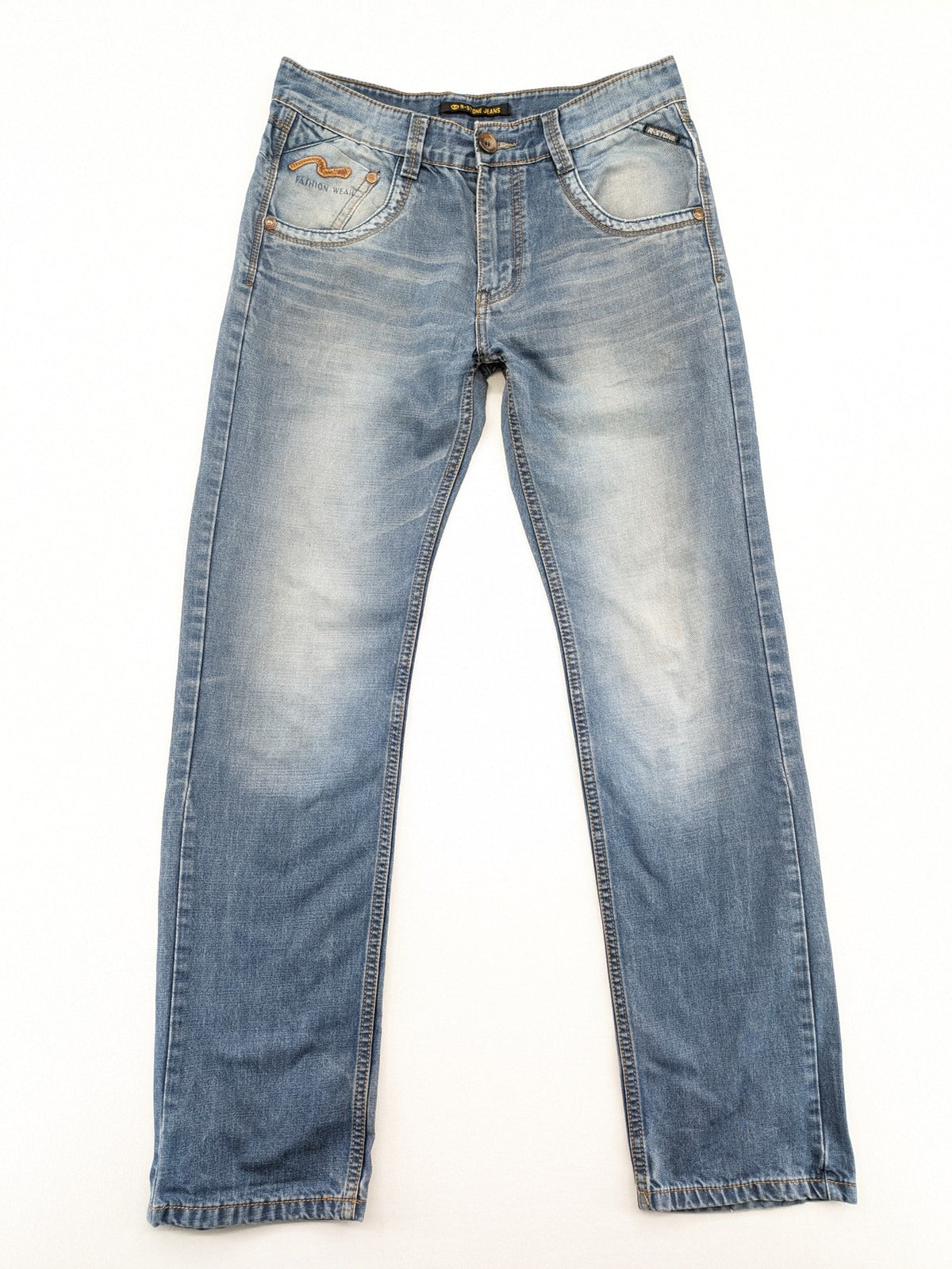 R-Stone Jeans blue straight leg denim with washed effect and "Fashion Wear" embroidery.