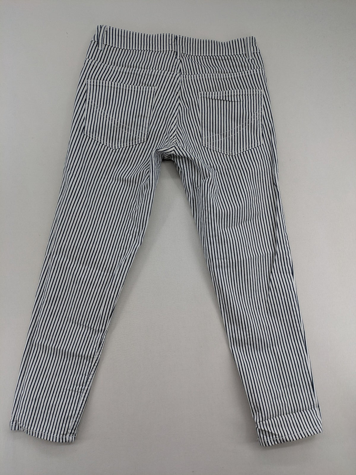 UP2FASHION blue and white striped straight jeans with five-pocket style and cotton stretch material.