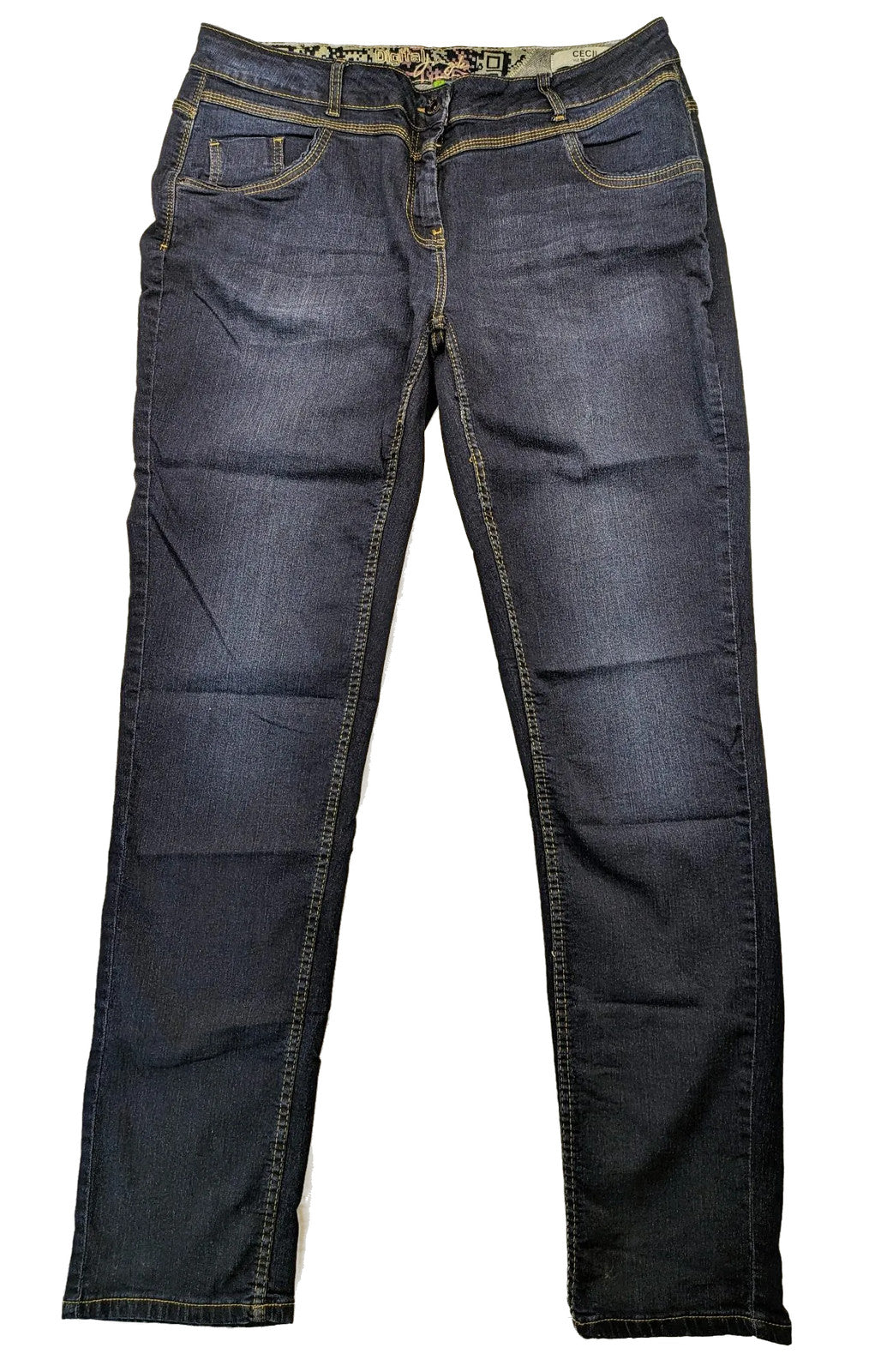 Cecil blue straight jeans with decorative inner waistband pattern and classic 5-pocket design.