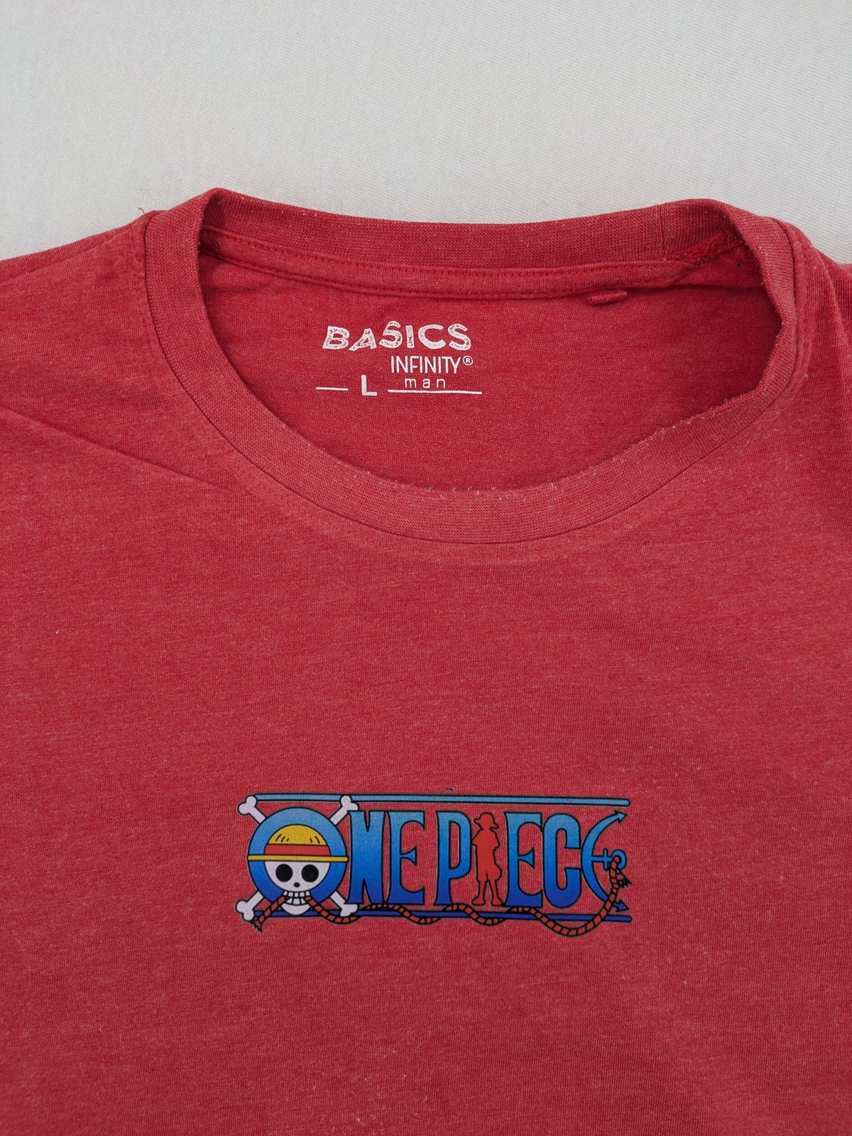 One Piece band t-shirt red melange with prominent logo graphic on chest.