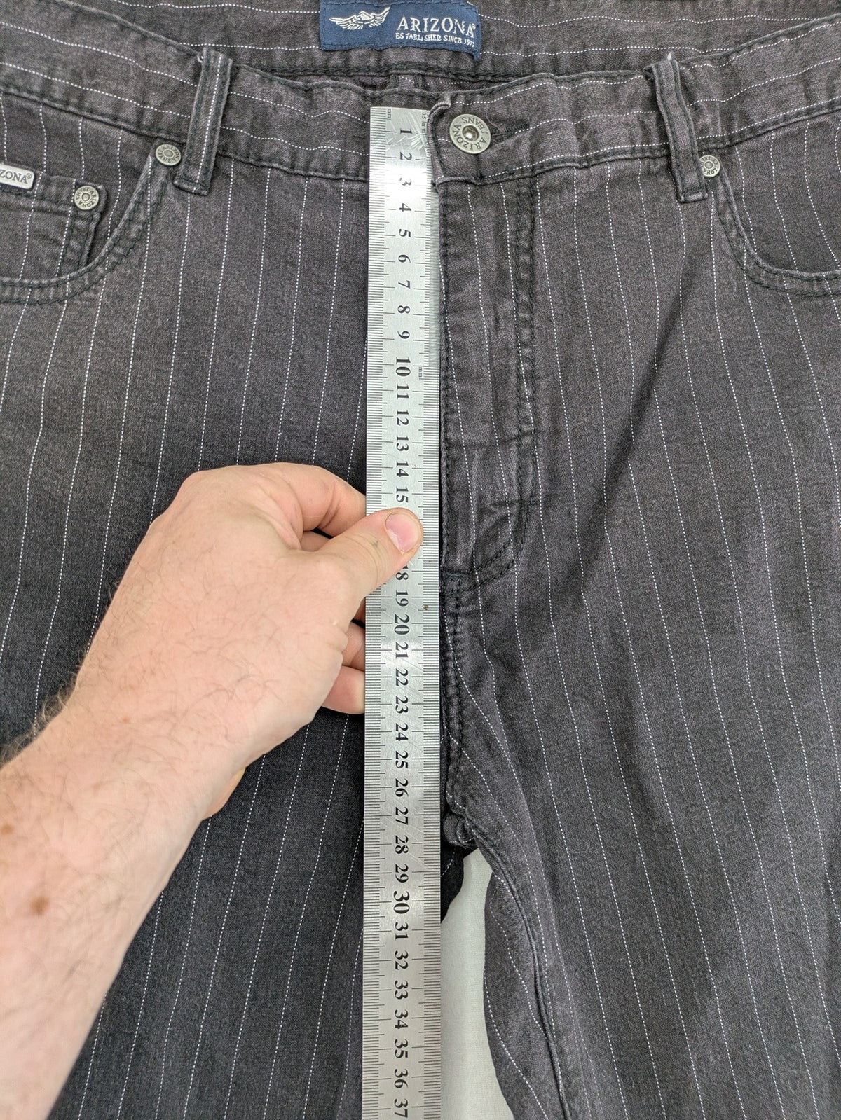 Arizona grey straight jeans with white pinstripe pattern, cotton blend material.