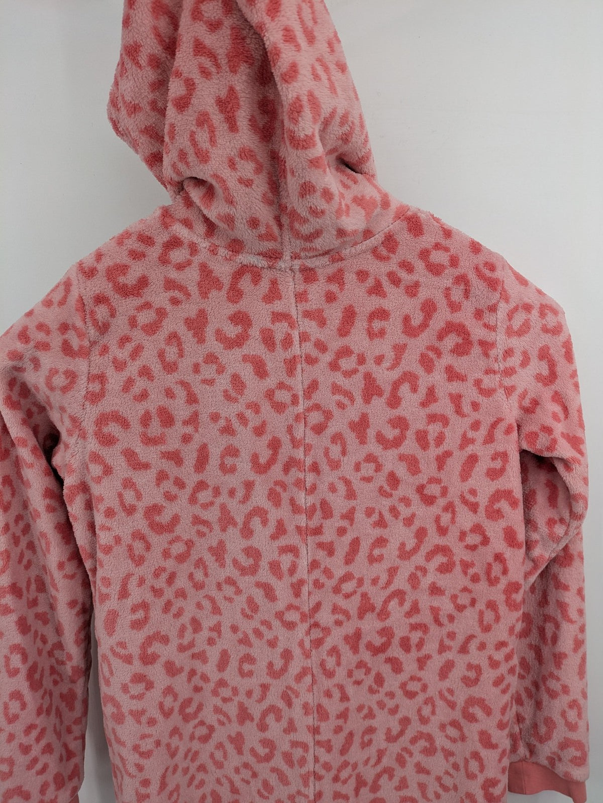 ESMARA pink fleece overalls with playful leopard pattern and hooded design.