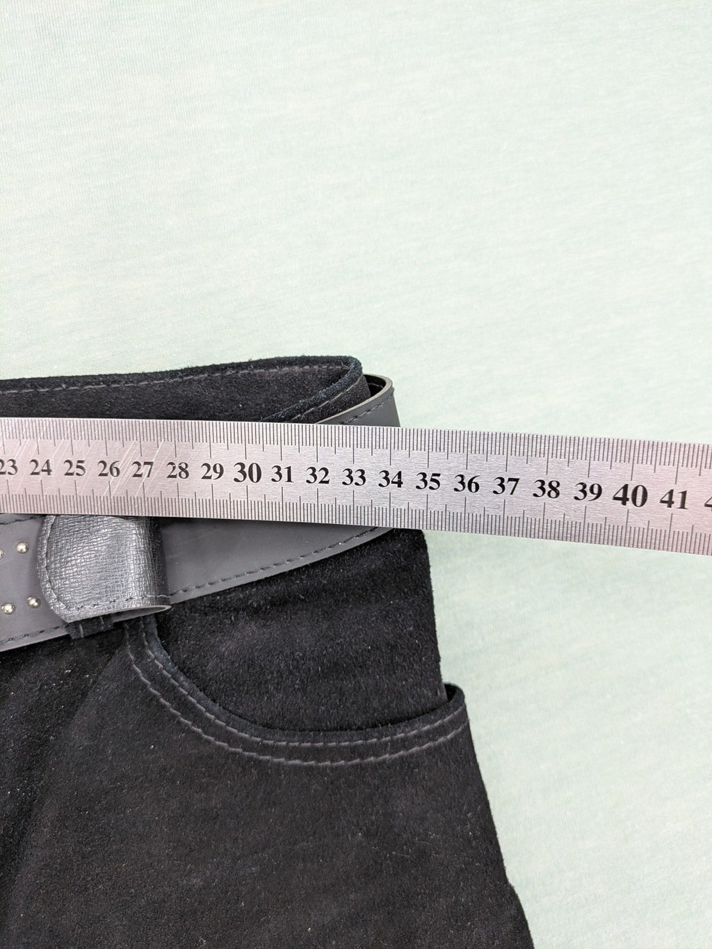 Silhouette black vintage pants high-waisted genuine suede five-pocket style with studded belt.