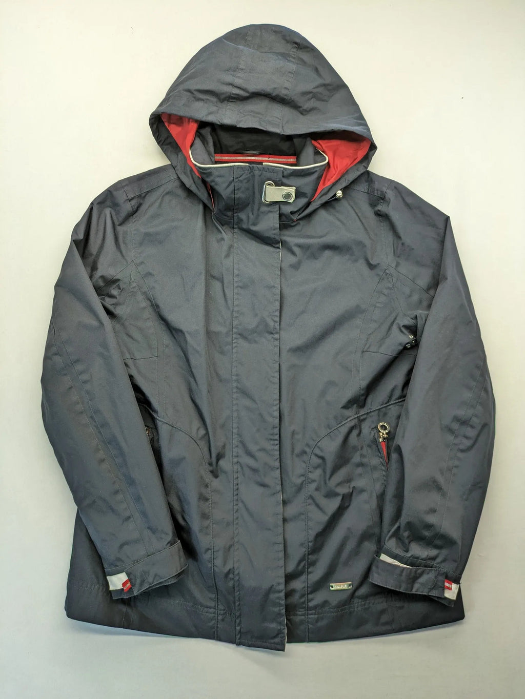 WPF grey outdoor jacket with red lining, zip closure, and hood.