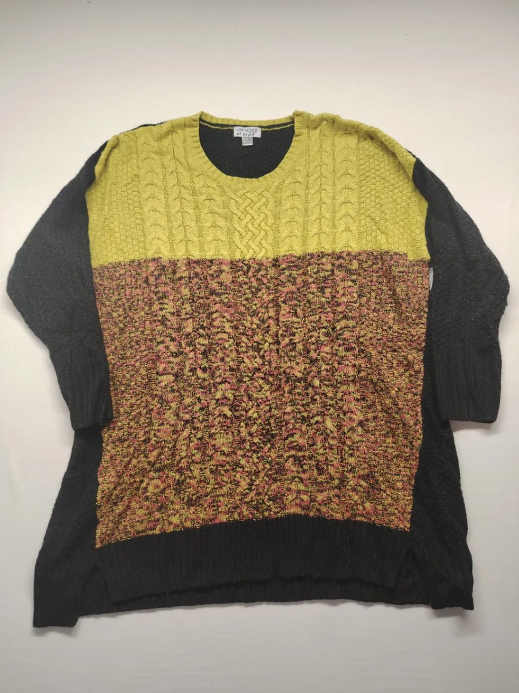 angel of style turtle neck jumper black brown yellow colorblock design with cable knit pattern