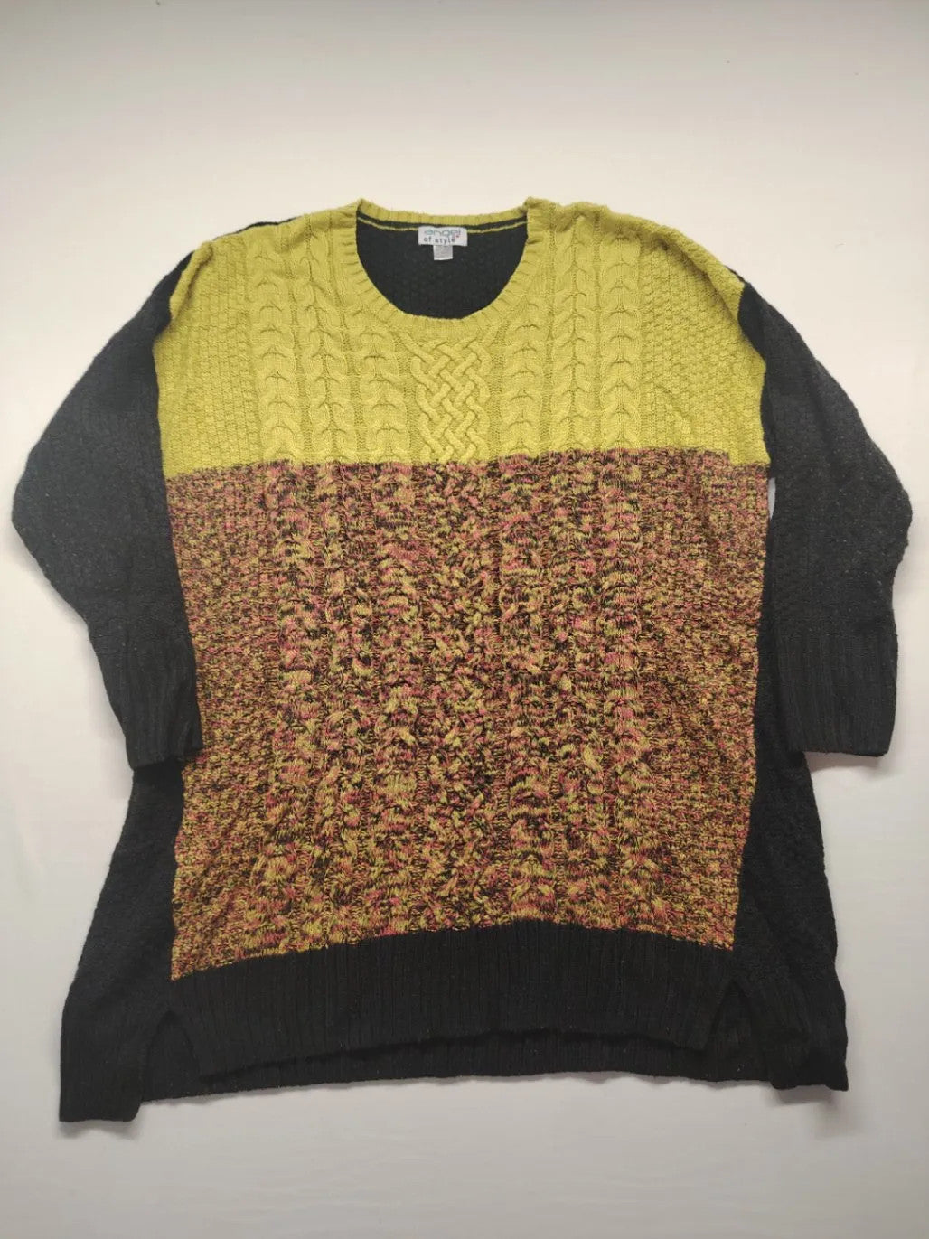 angel of style turtle neck jumper black brown yellow colorblock design with cable knit pattern