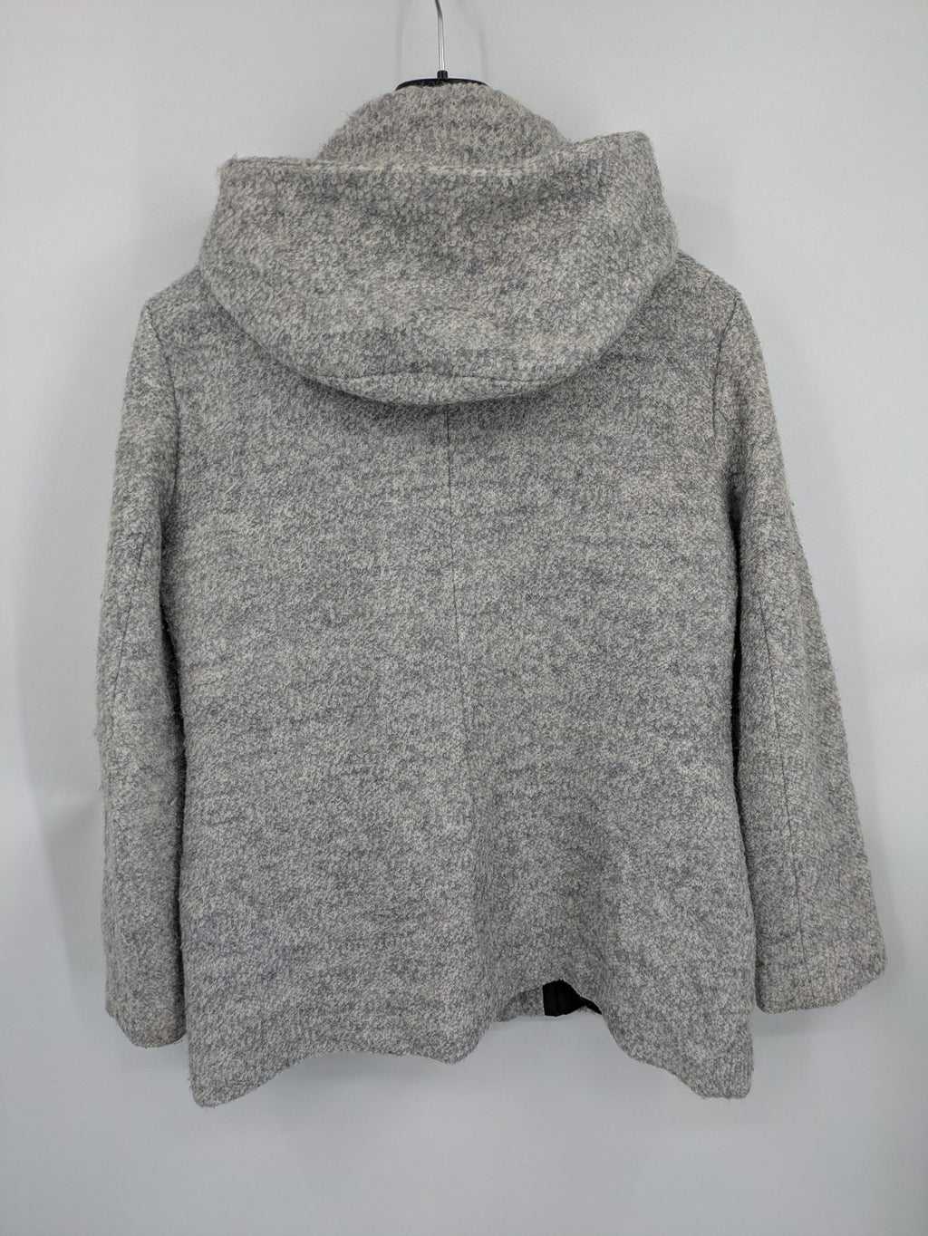 C&A grey jacket wool blend with hood, full zip, modern design, zip pockets.