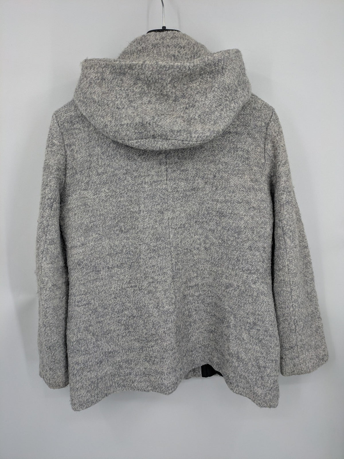 C&A grey jacket wool blend with hood, full zip, modern design, zip pockets.