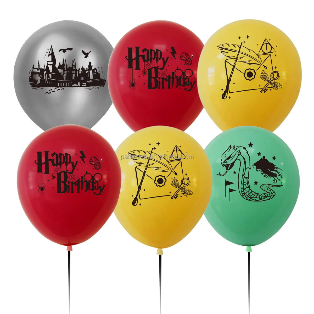 XXL Harry Potter birthday decoration set red and yellow with wizard-themed balloons and banner.