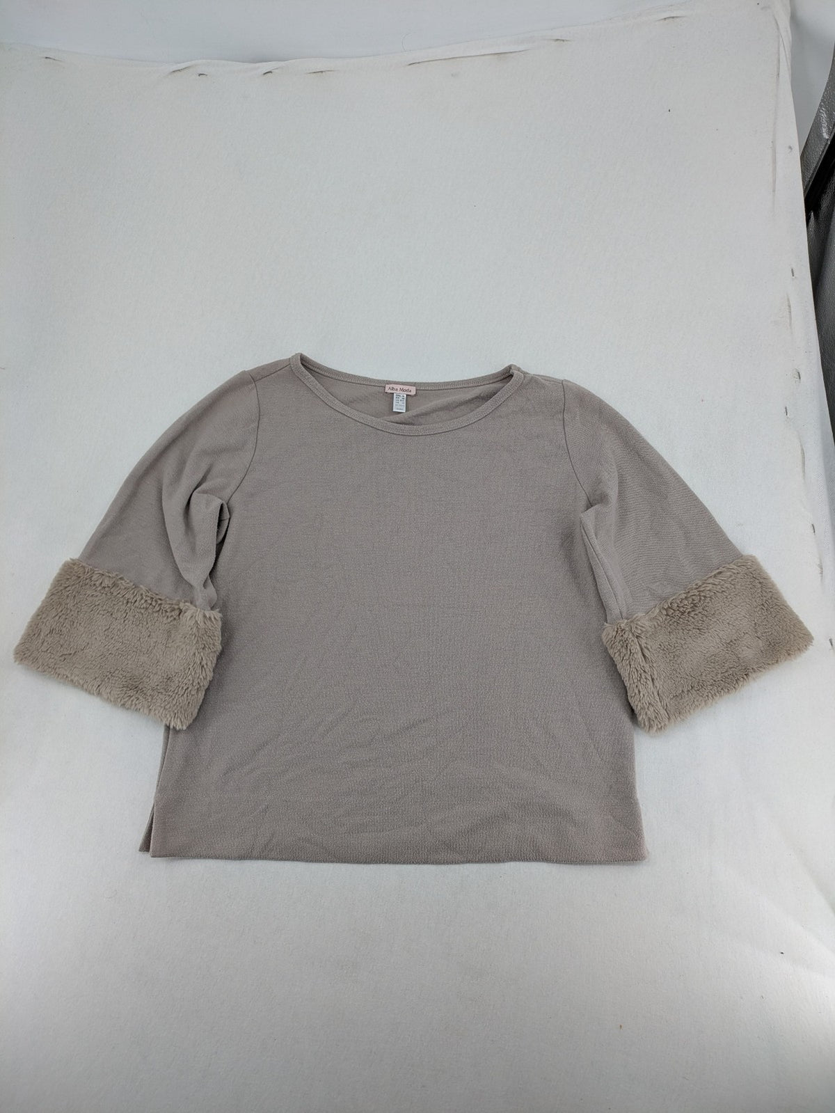 Alba Moda beige turtle neck jumper with plush faux fur cuffs and 3/4 sleeves.